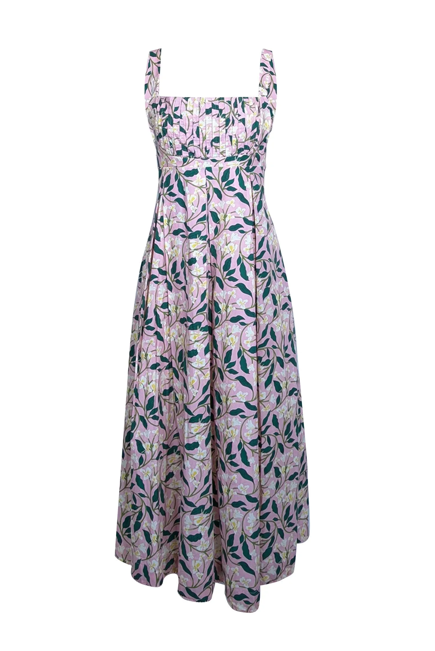 Agua by Agua Bendita - Pink w/ Green & Yellow Floral Print Pleated Midi Dress Sz L