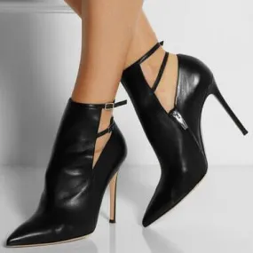 Black Ankle Strap Point Toe Straps Leather Pumps