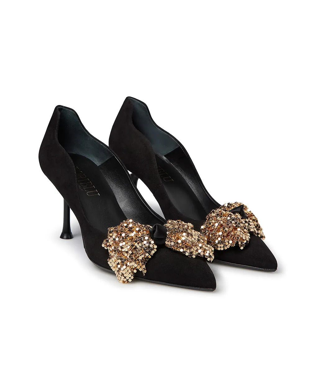 Black suede full gold-tone metal bow wave pumps 