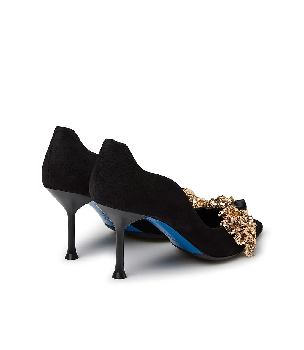 Black suede full gold-tone metal bow wave pumps 