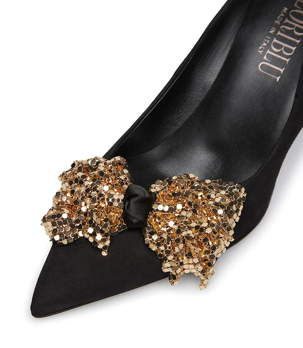 Black suede full gold-tone metal bow wave pumps 