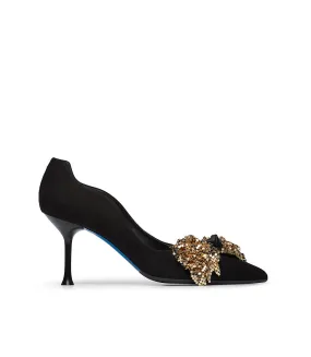 Black suede full gold-tone metal bow wave pumps 