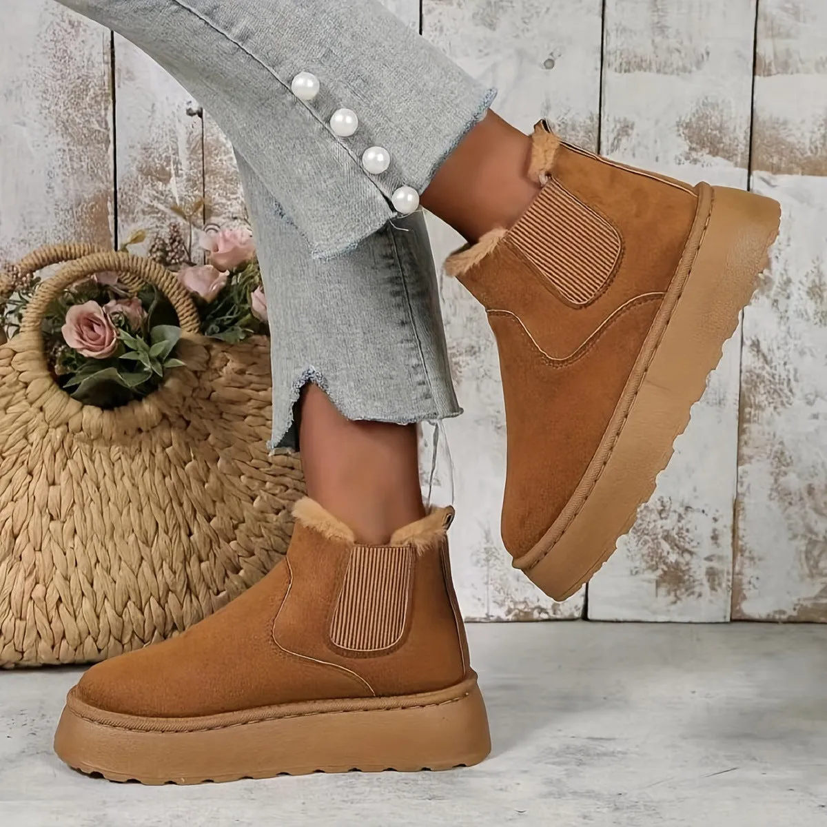 Bootara 2025 Autumn/Winter Women's New Arrivals Thick-Soled Snow Boots with Fur Lining, Round Toe Slip-On Cotton Boots