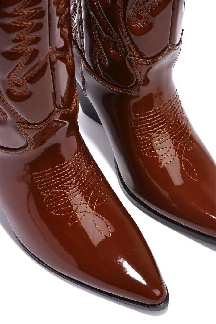 Cape Robbin Southern Belle Western Tall Shaft Pointed Toe Block Heel Cowboy Boot (8, BROWN)