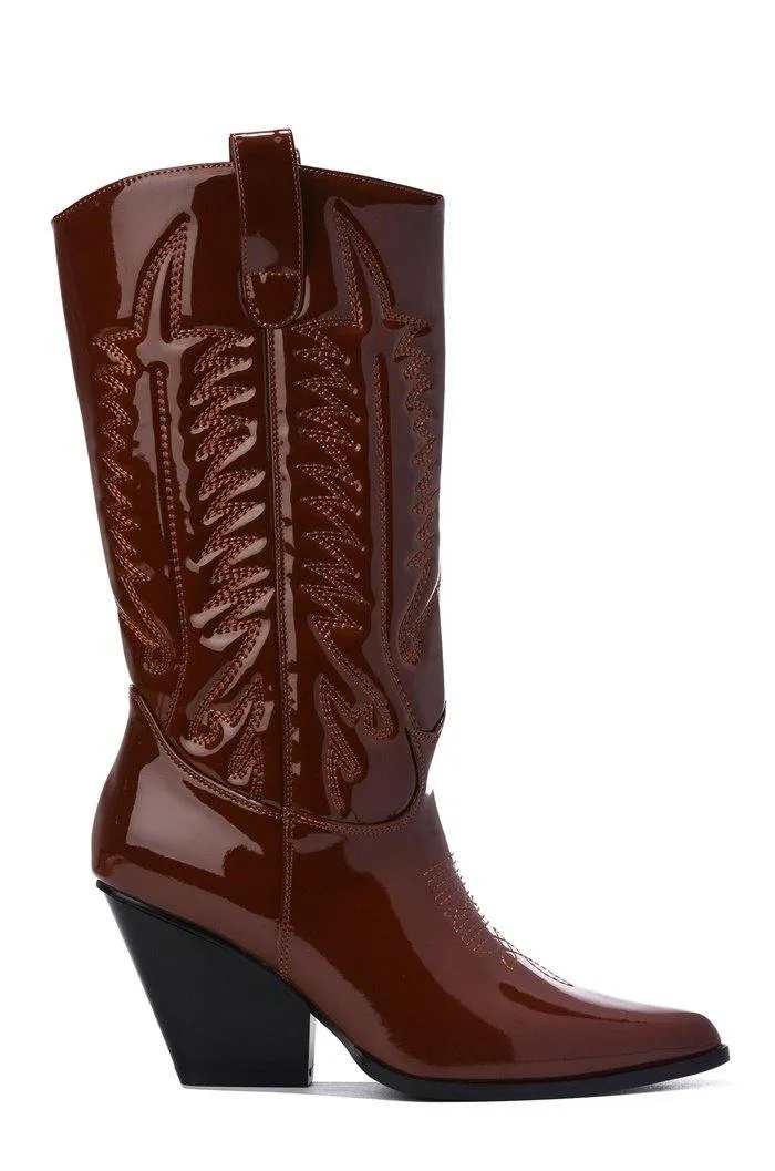 Cape Robbin Southern Belle Western Tall Shaft Pointed Toe Block Heel Cowboy Boot (8, BROWN)