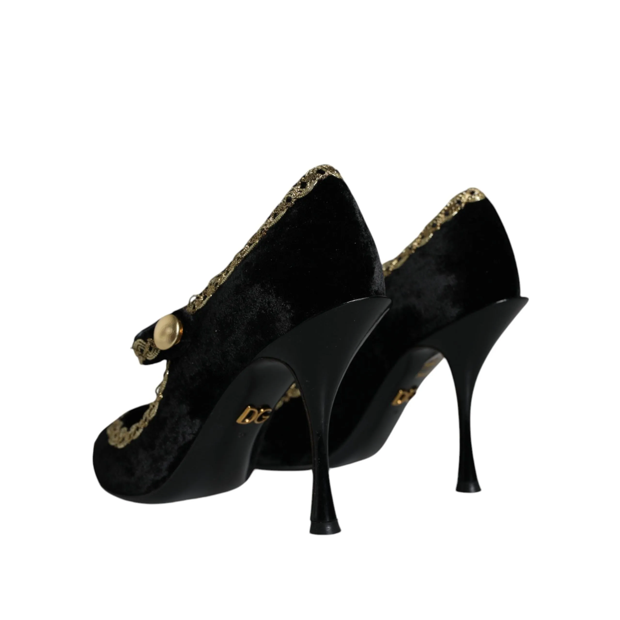 Dolce & Gabbana Black Mary Janes Velvet Gold Pumps Shoes
