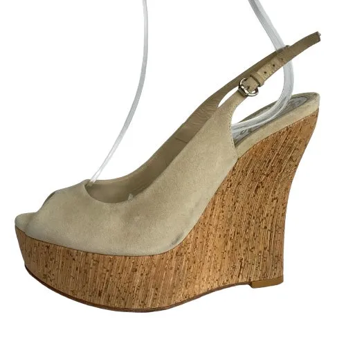 GUCCI Beige Suede Slingback Cork Heel Wedge Sandals, Size 36.5