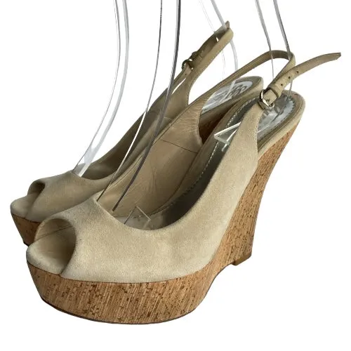 GUCCI Beige Suede Slingback Cork Heel Wedge Sandals, Size 36.5