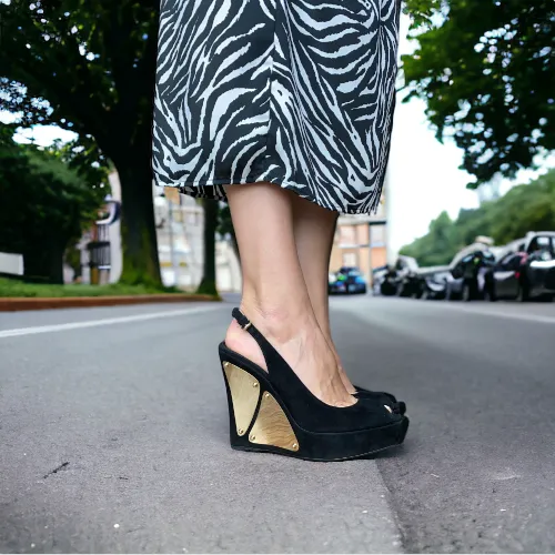 GUCCI Black Suede Peep Toe Gold Metals Slingback Platform Wedge Sandals, 38 C