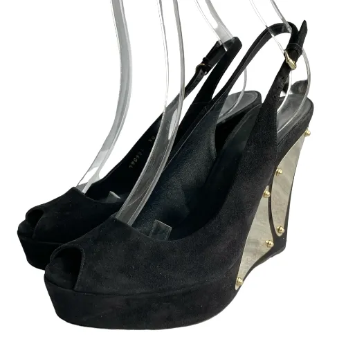 GUCCI Black Suede Peep Toe Gold Metals Slingback Platform Wedge Sandals, 38 C