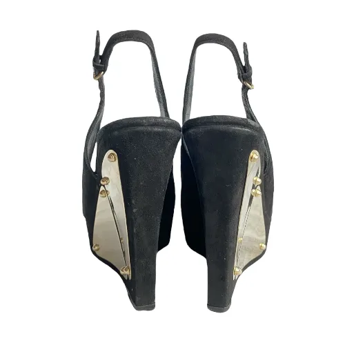 GUCCI Black Suede Peep Toe Gold Metals Slingback Platform Wedge Sandals, 38 C