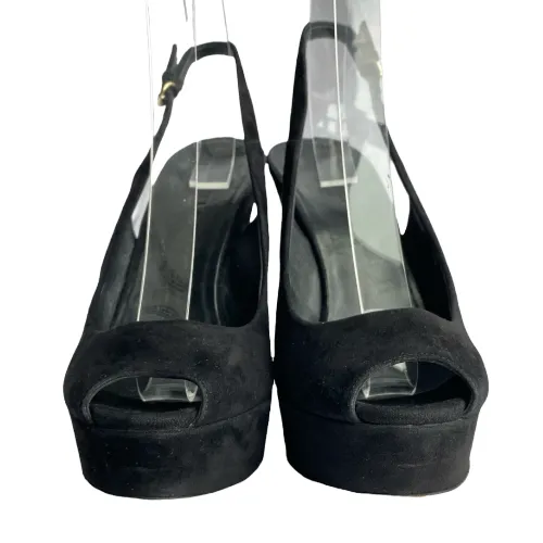 GUCCI Black Suede Peep Toe Gold Metals Slingback Platform Wedge Sandals, 38 C