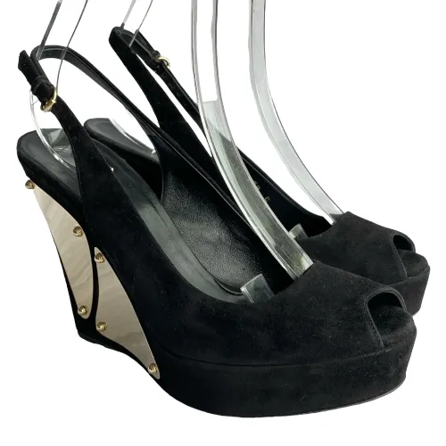 GUCCI Black Suede Peep Toe Gold Metals Slingback Platform Wedge Sandals, 38 C