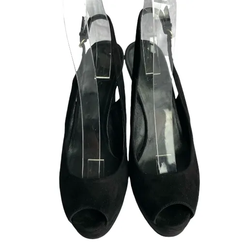 GUCCI Black Suede Peep Toe Gold Metals Slingback Platform Wedge Sandals, 38 C