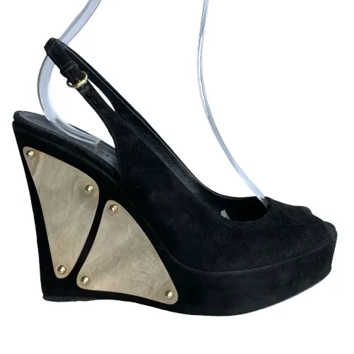 GUCCI Black Suede Peep Toe Gold Metals Slingback Platform Wedge Sandals, 38 C