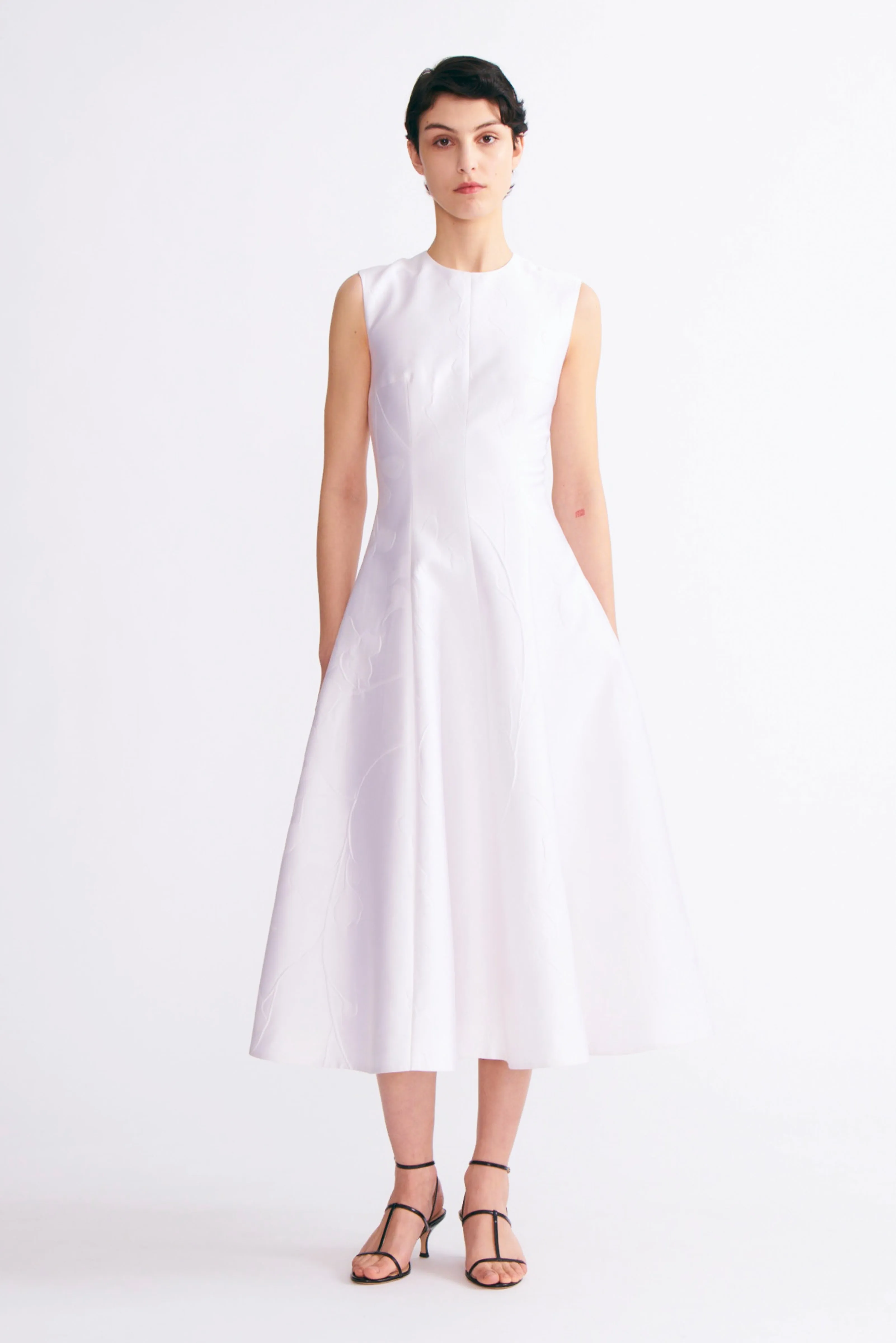 Mara Dress in Optic White Floral Embossed Cloque