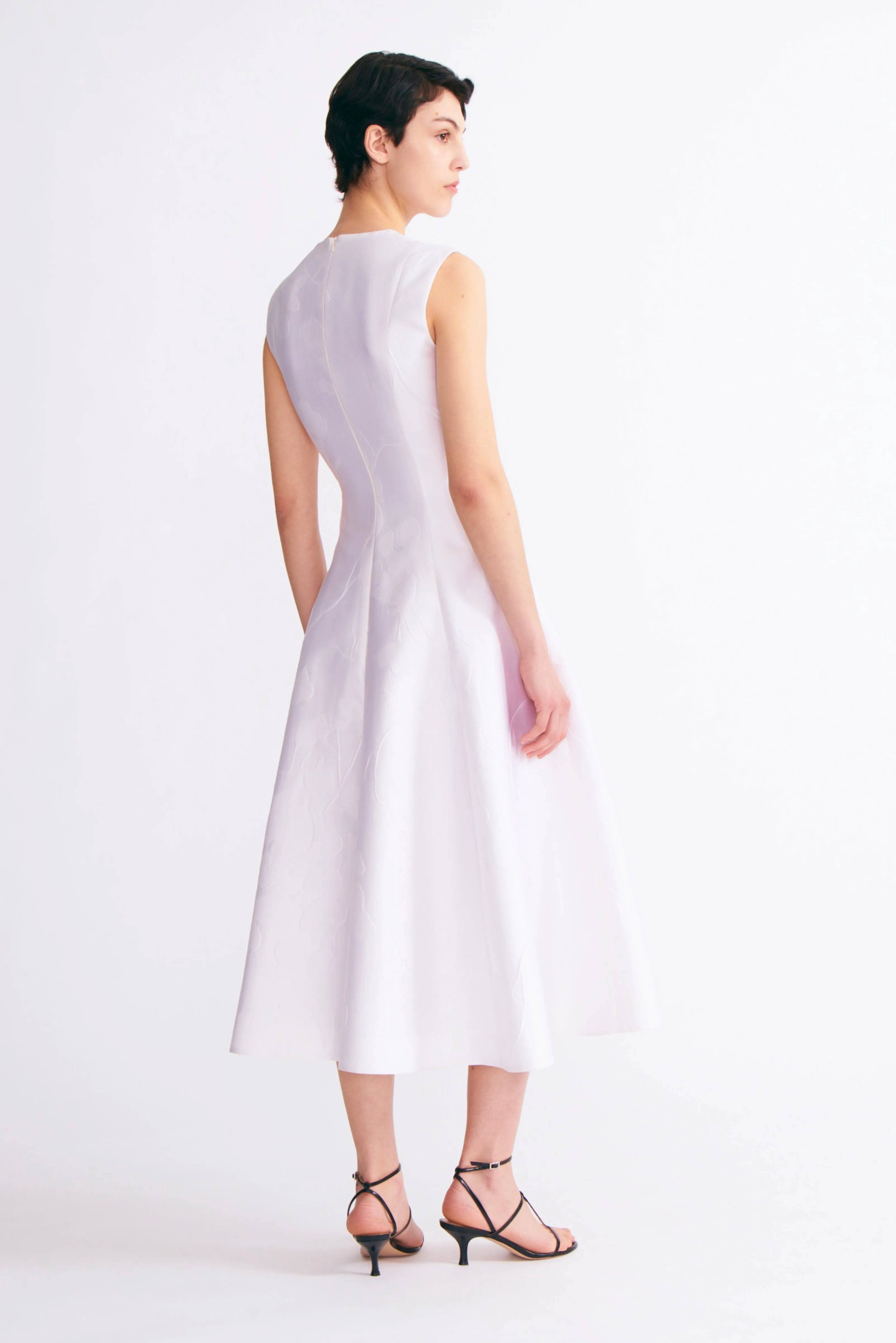 Mara Dress in Optic White Floral Embossed Cloque