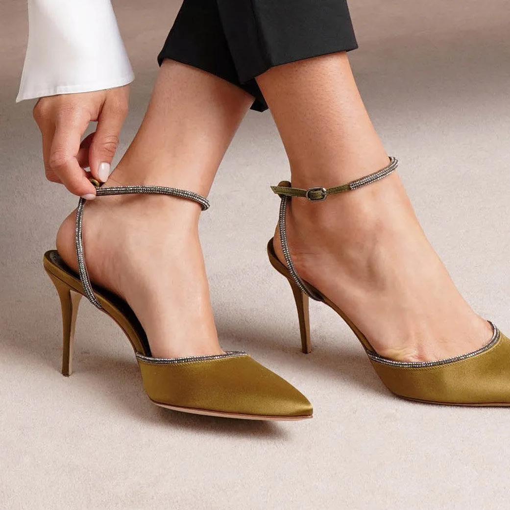 Narcona 90 olive satin jewel pumps
