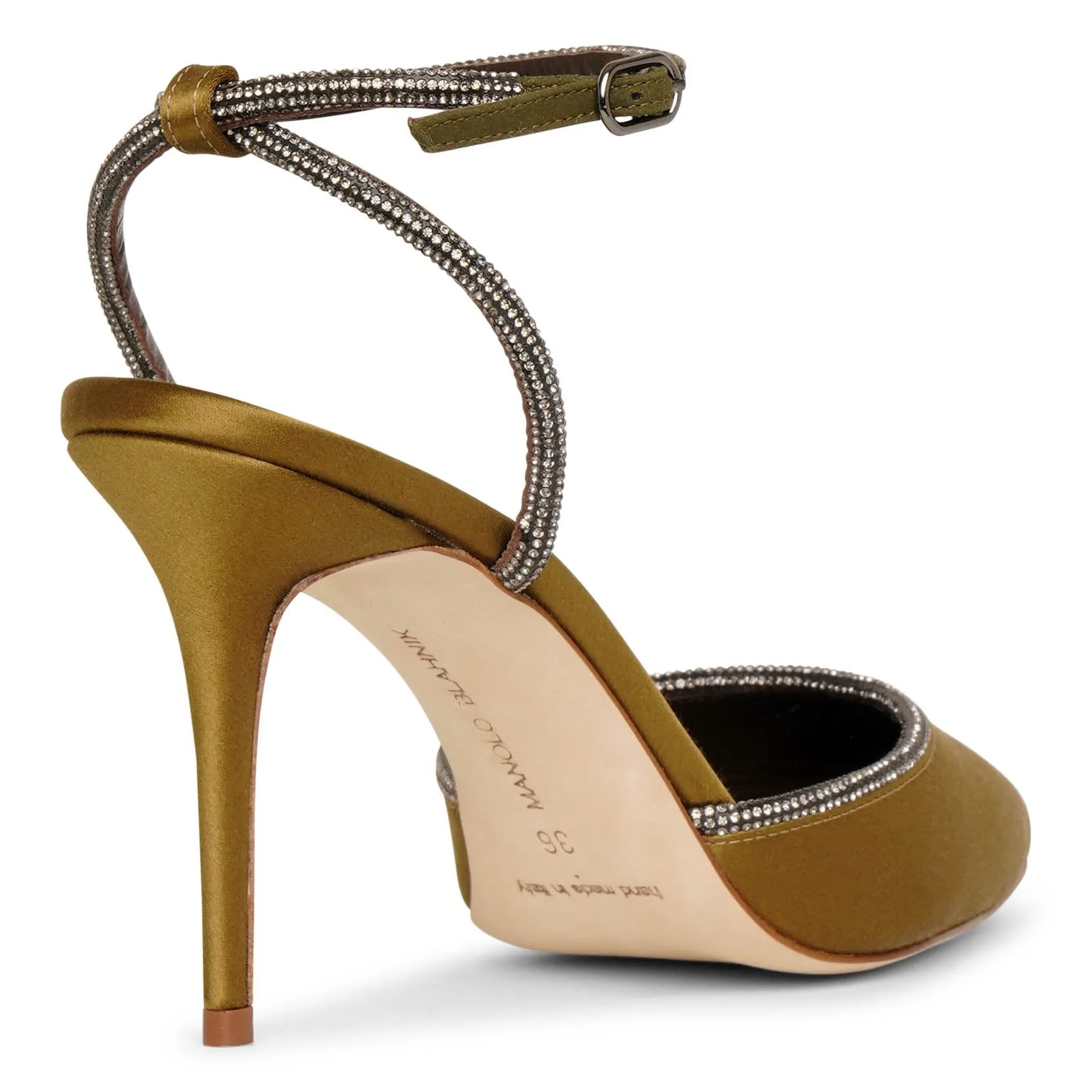 Narcona 90 olive satin jewel pumps