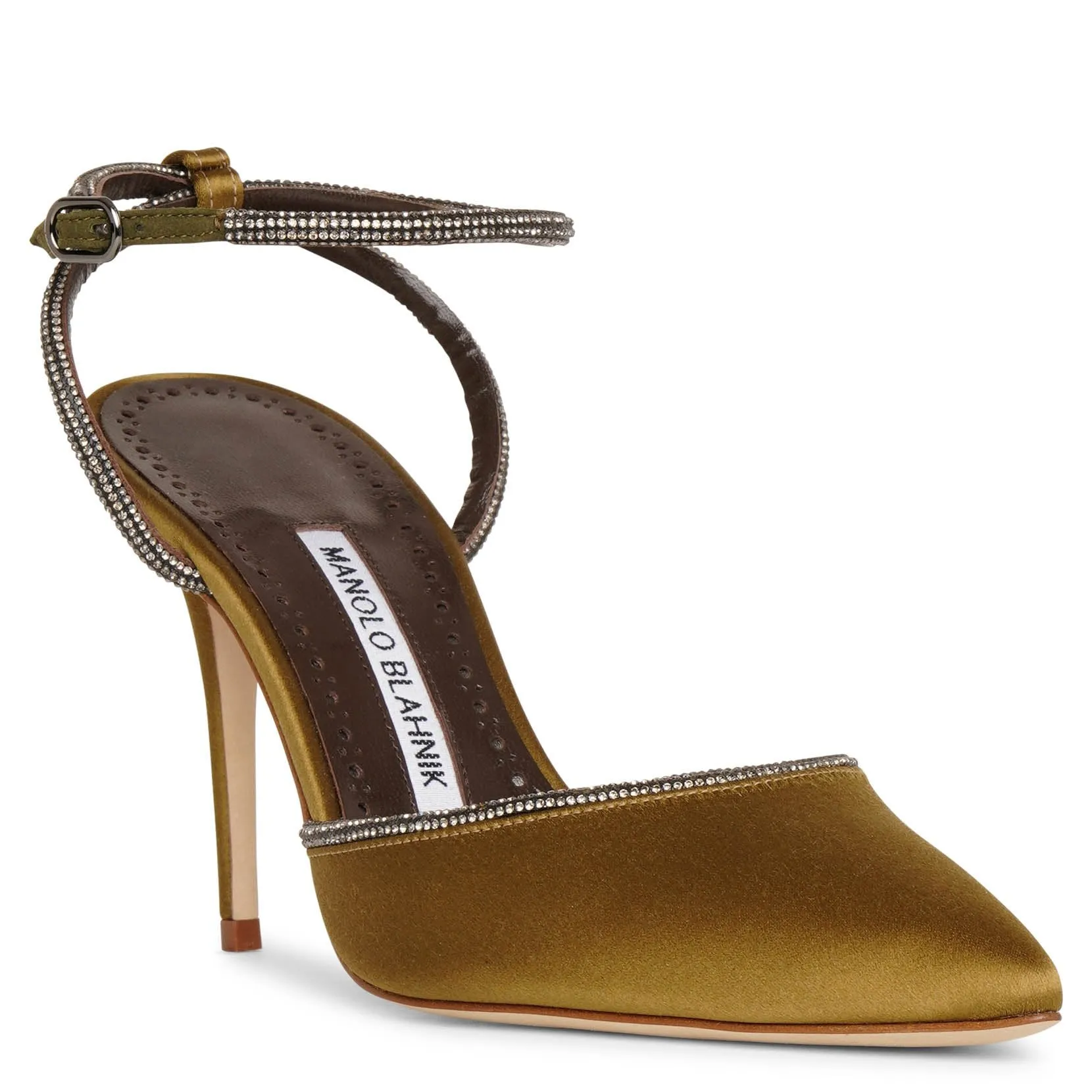 Narcona 90 olive satin jewel pumps