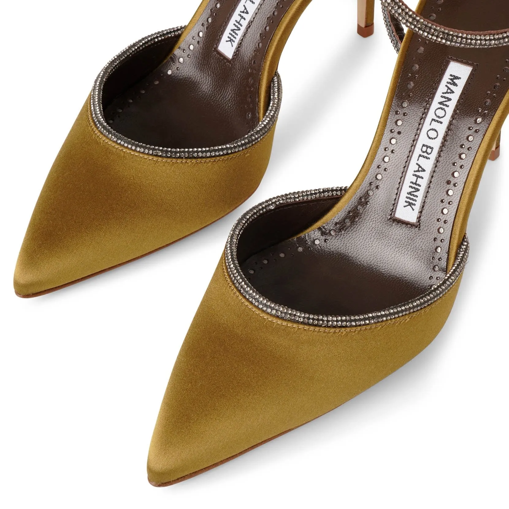 Narcona 90 olive satin jewel pumps