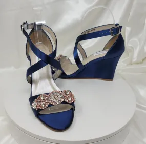 Navy Blue Wedding Wedges with Rose Gold Crystal Design | Dyeable Shoes
