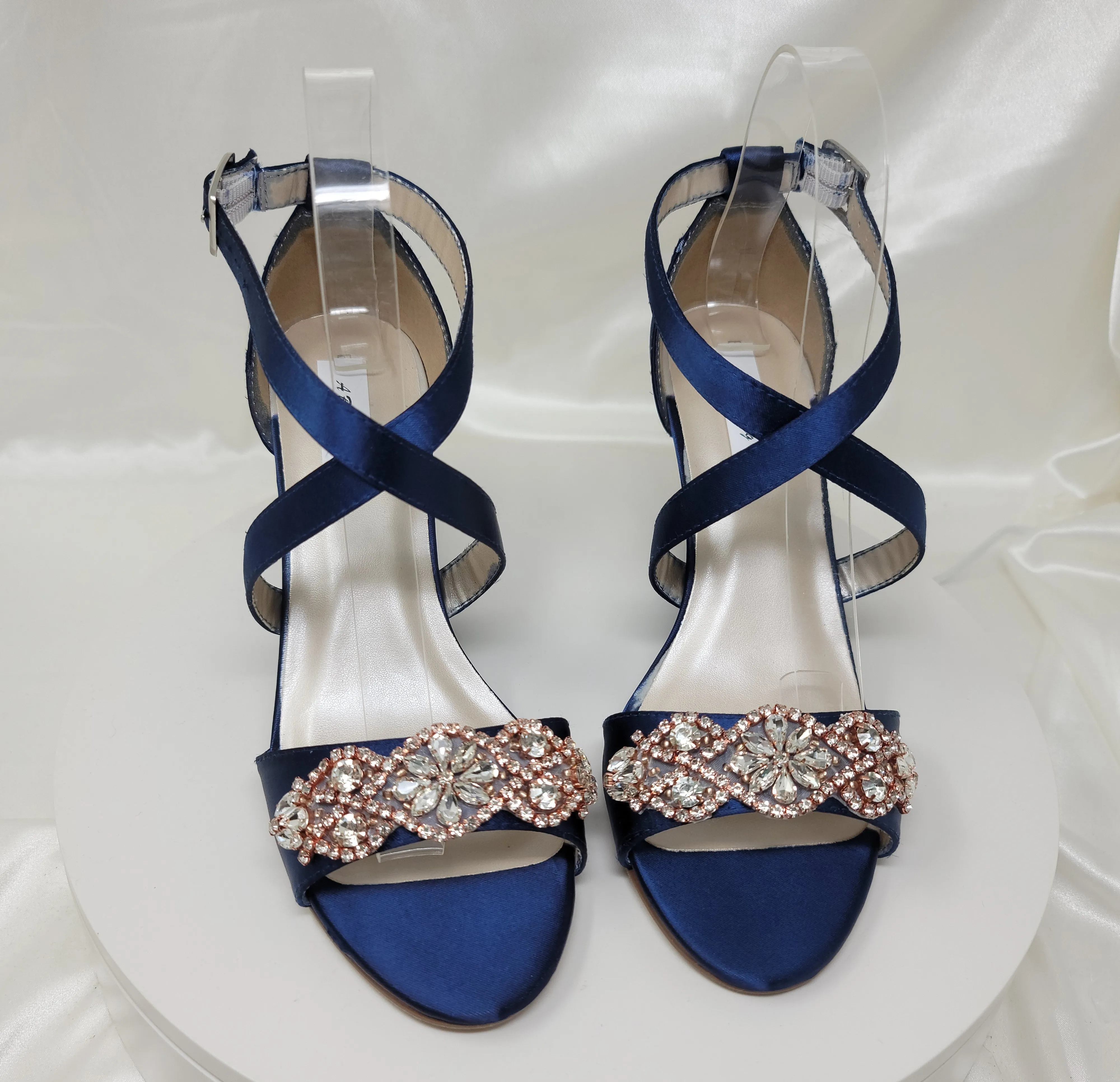 Navy Blue Wedding Wedges with Rose Gold Crystal Design | Dyeable Shoes