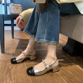 Nude Block Heels Closed Toe Mary Jane Sandals