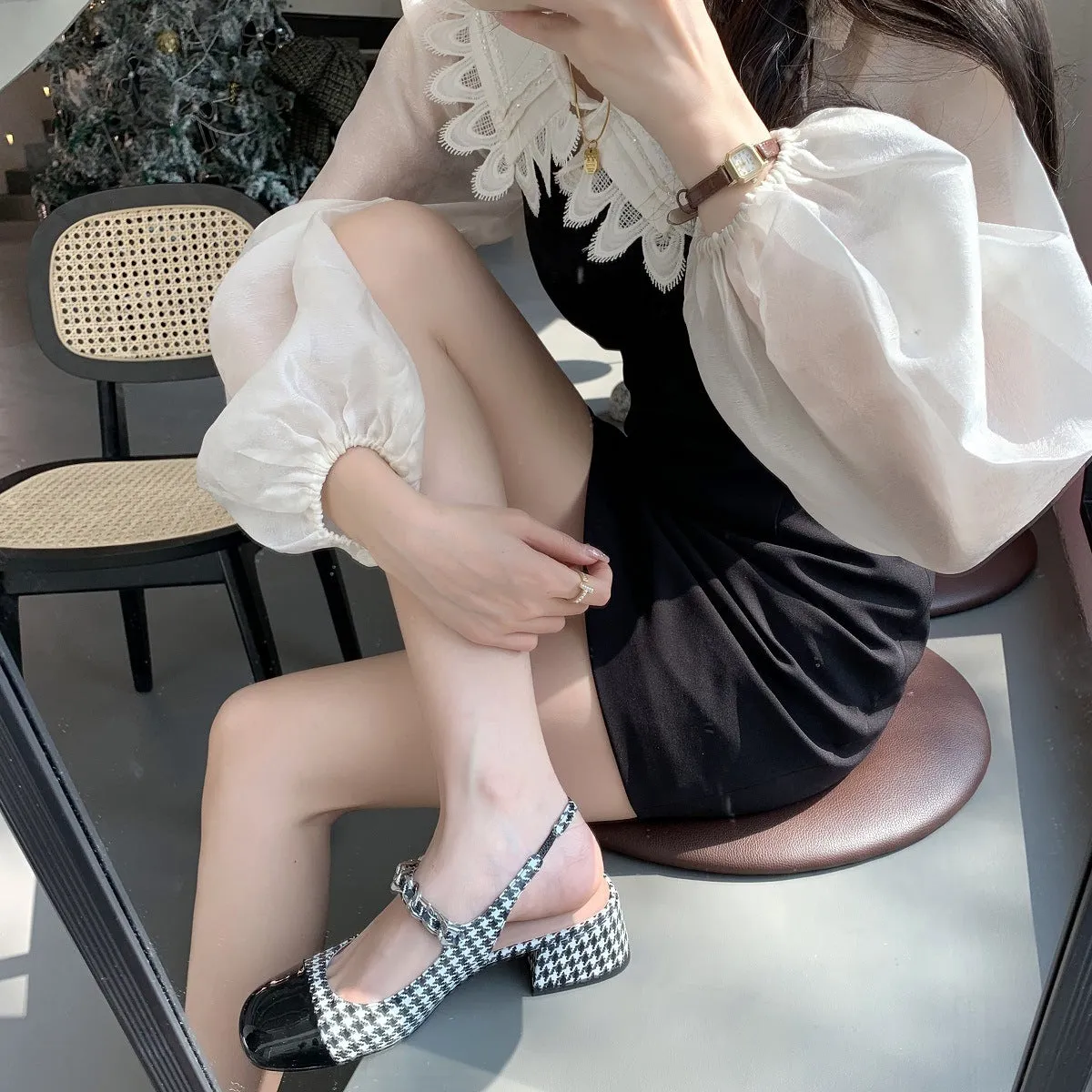Nude Block Heels Closed Toe Mary Jane Sandals