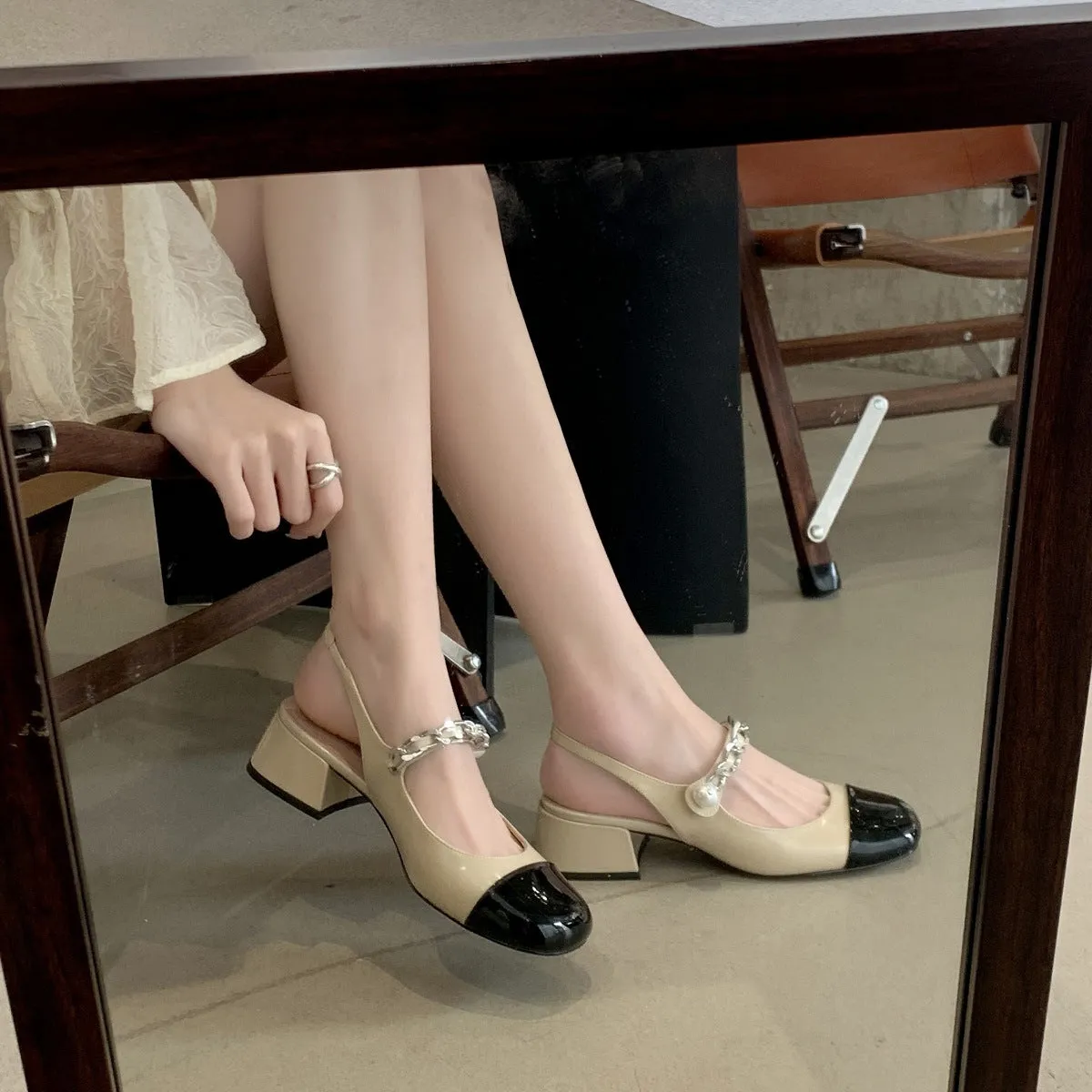 Nude Block Heels Closed Toe Mary Jane Sandals