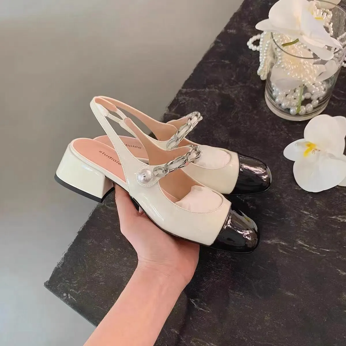 Nude Block Heels Closed Toe Mary Jane Sandals