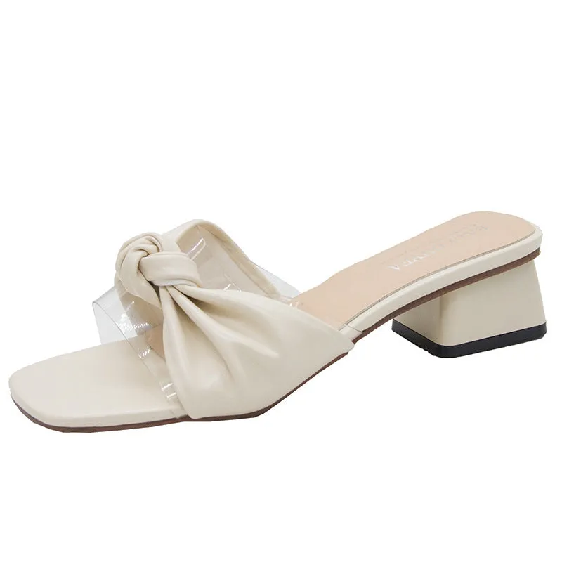 Nude Strappy Block Heels Casual Slippers