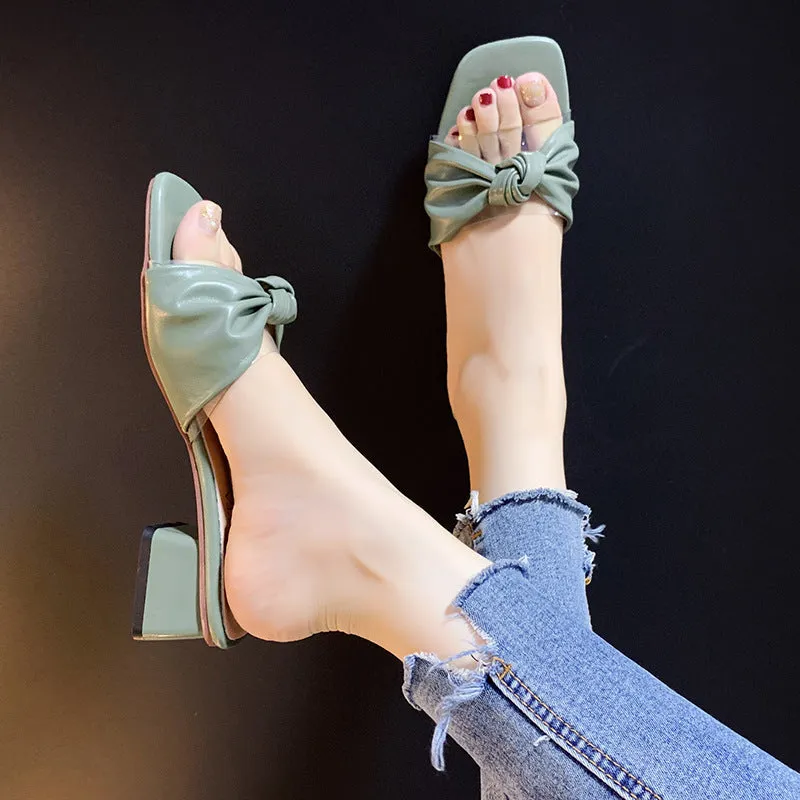 Nude Strappy Block Heels Casual Slippers