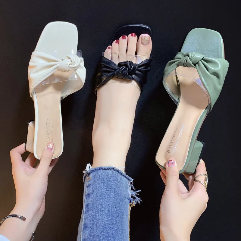 Nude Strappy Block Heels Casual Slippers
