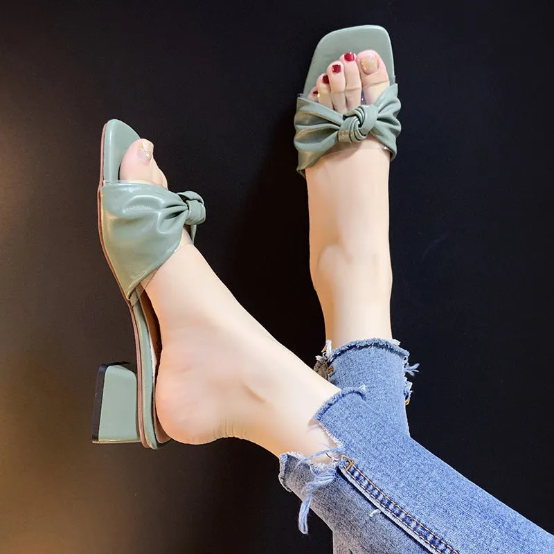 Nude Strappy Block Heels Casual Slippers