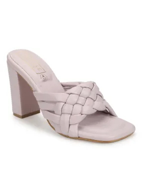 Pink PU Braided Block Heel Mules