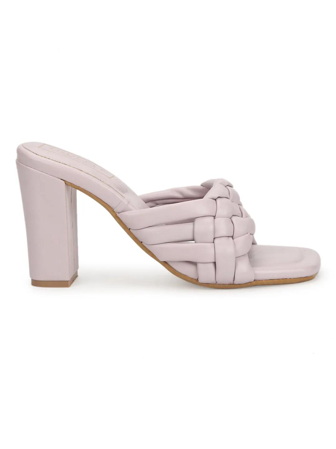 Pink PU Braided Block Heel Mules