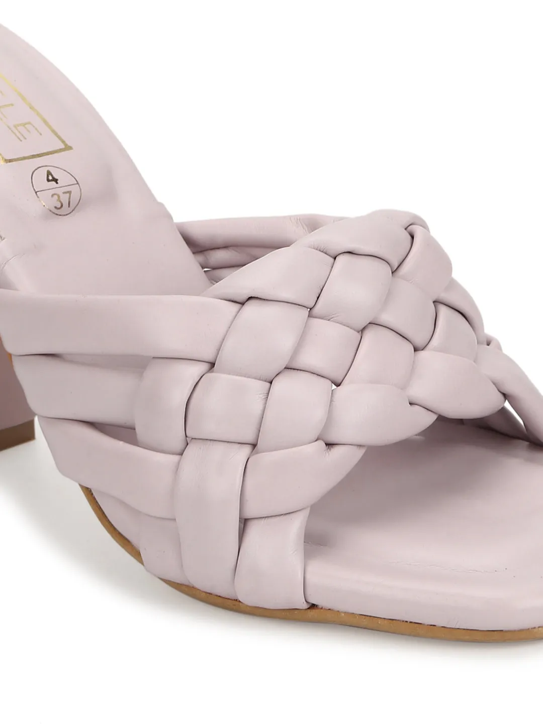 Pink PU Braided Block Heel Mules