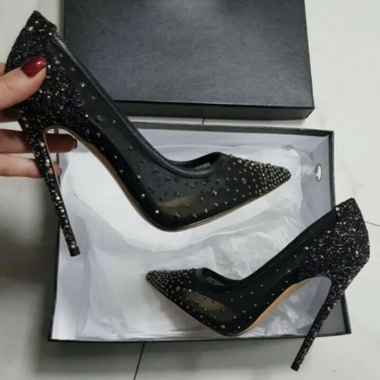 Point Toe  Rhinestone Leather Stiletto Heel Pumps