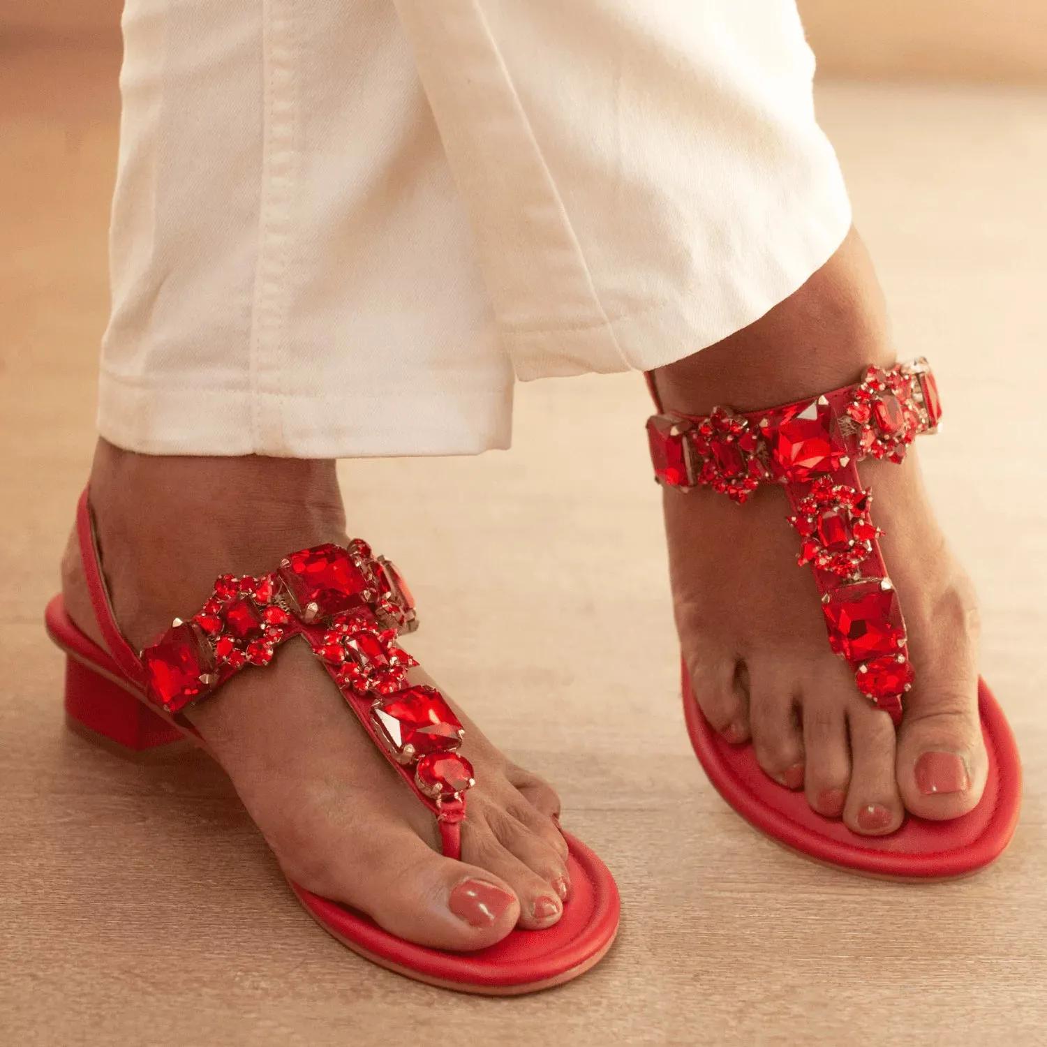 RADIANT Ruby Red Rhinestone Embellished Block Heels