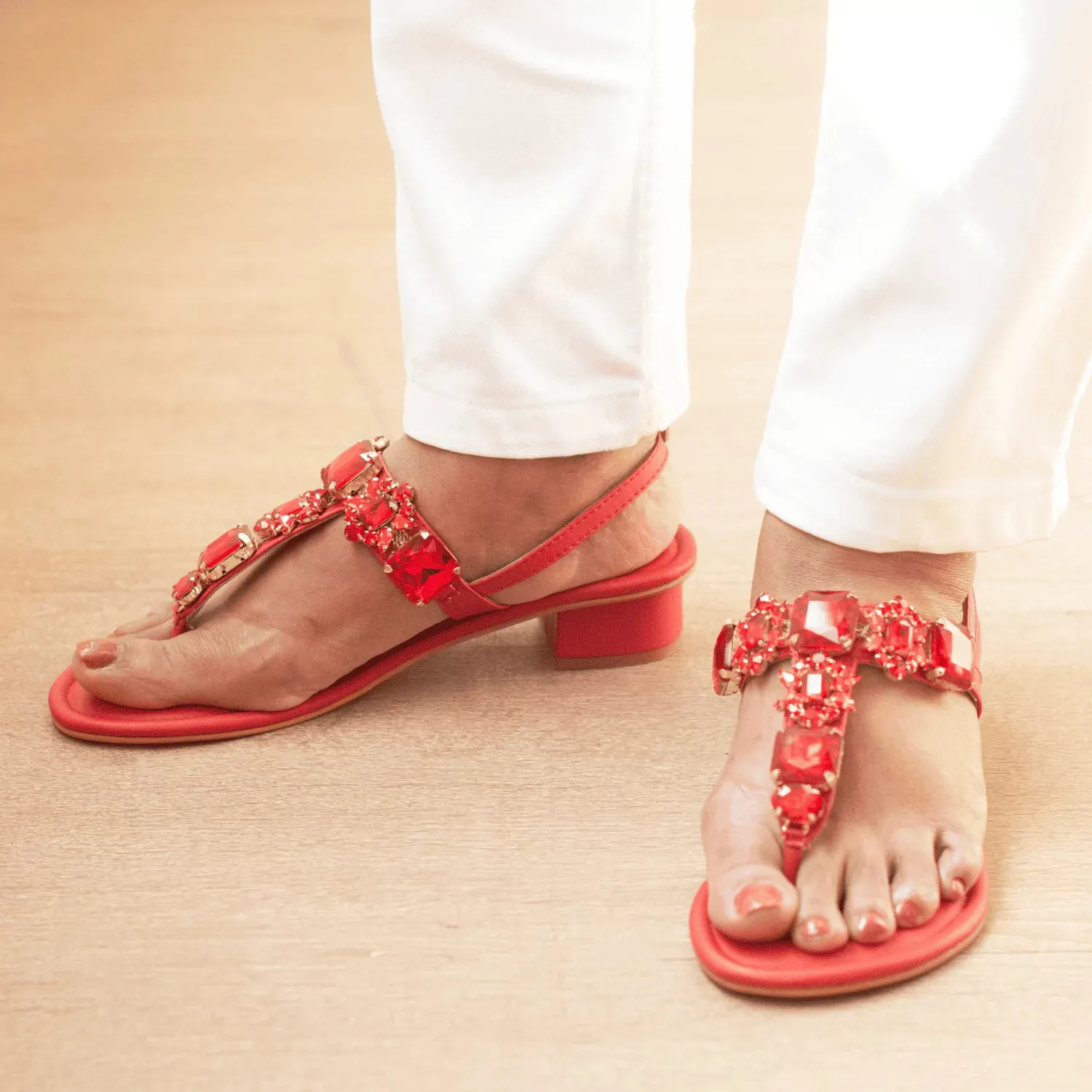 RADIANT Ruby Red Rhinestone Embellished Block Heels