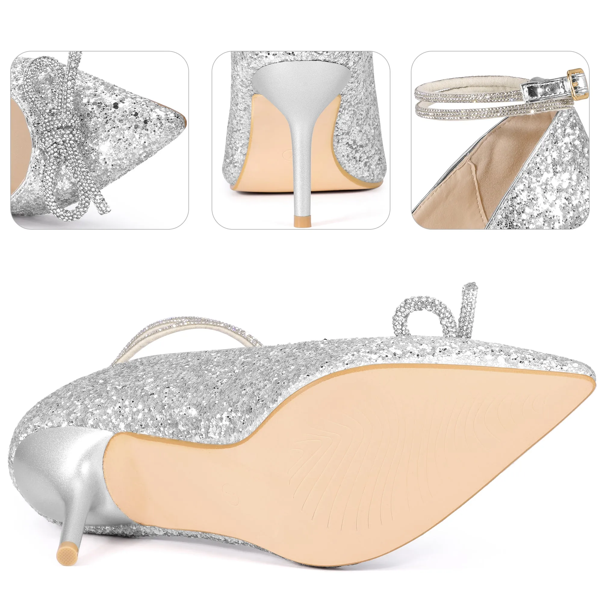 Rhinestone Bow Glitter Pointed Toe Stiletto Heel Pumps for Women