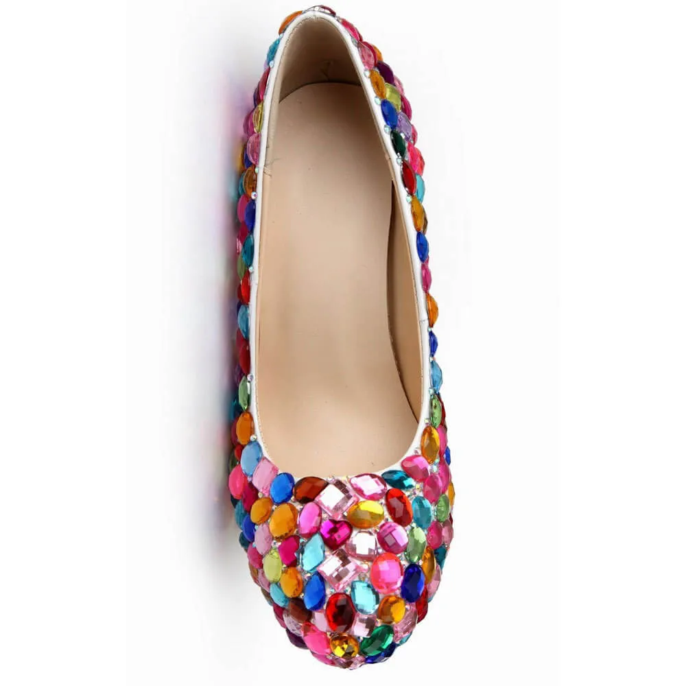 Rhinestone Round Toe Patent Leather Close Toe Pumps