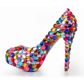 Rhinestone Round Toe Patent Leather Close Toe Pumps