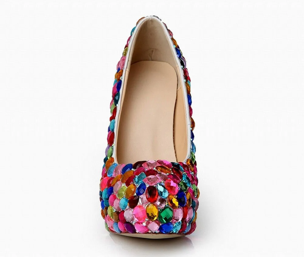 Rhinestone Round Toe Patent Leather Close Toe Pumps