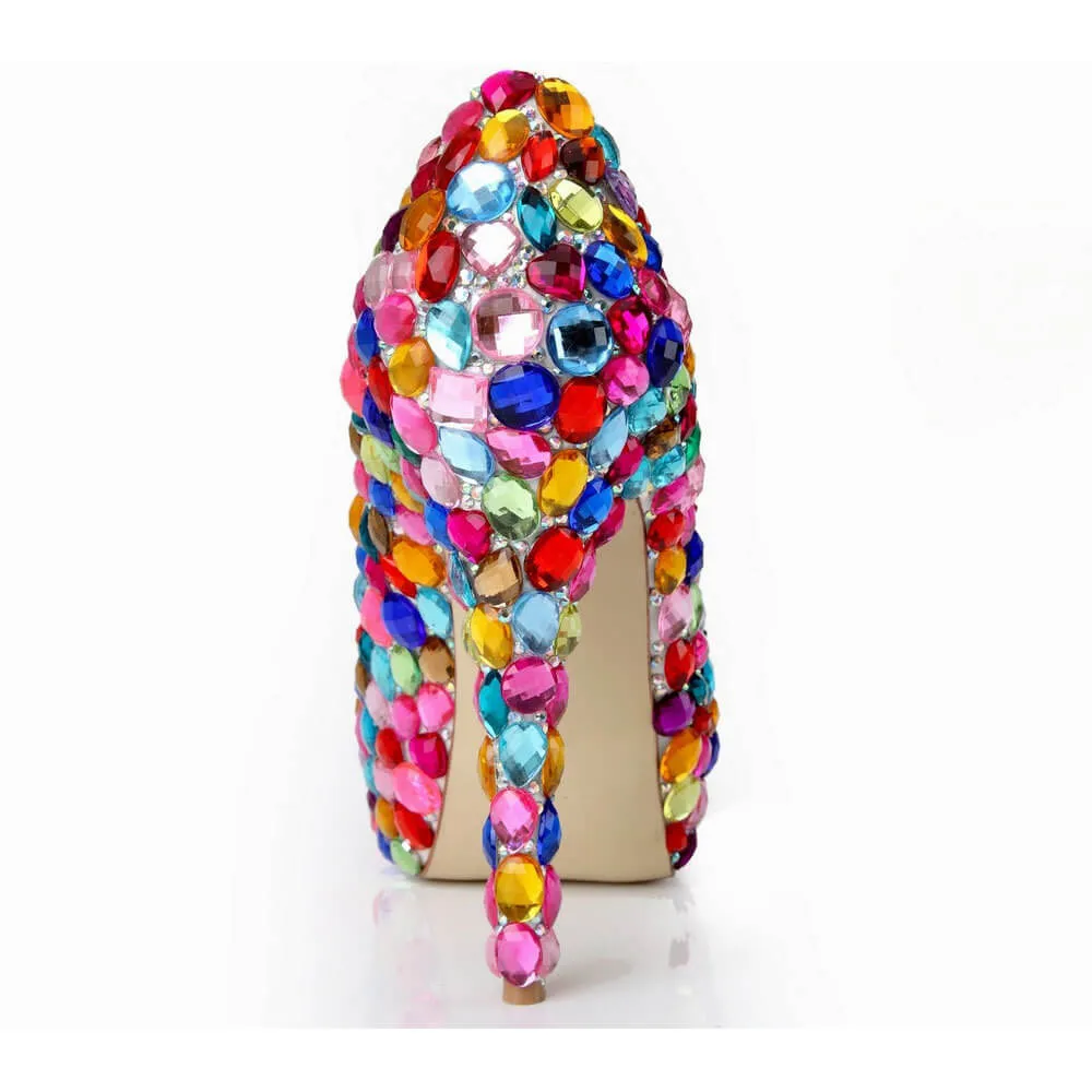 Rhinestone Round Toe Patent Leather Close Toe Pumps