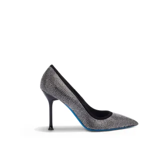 Rhinestoned black suede pumps