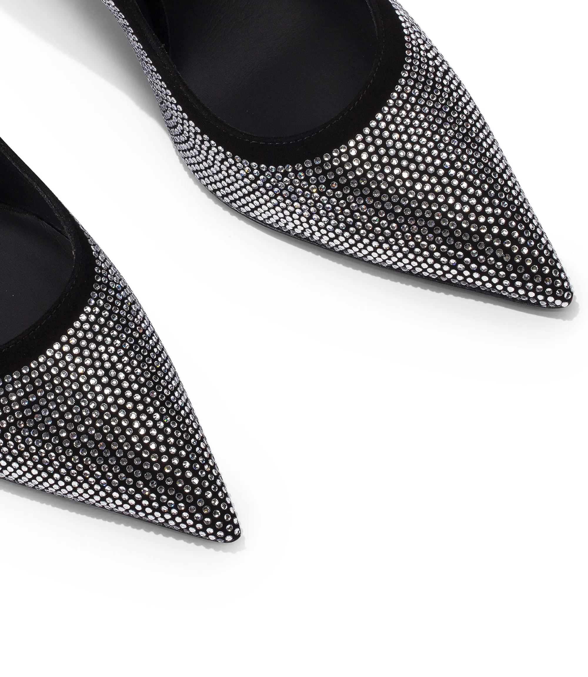 Rhinestoned black suede pumps