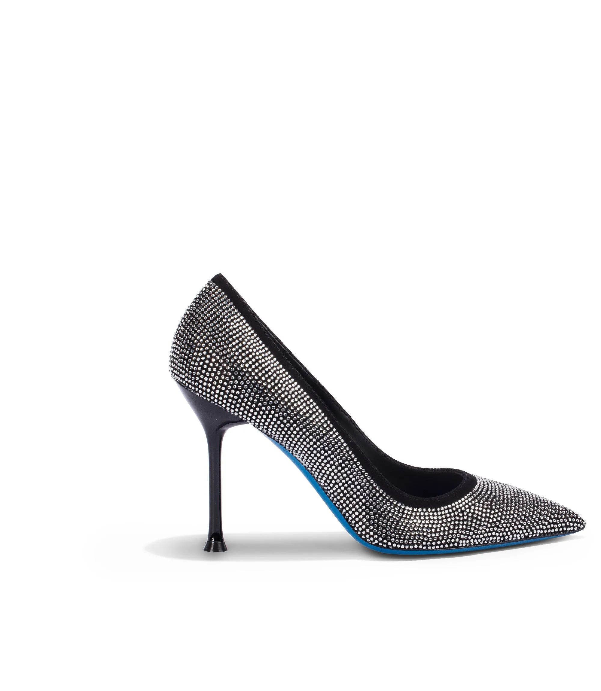 Rhinestoned black suede pumps