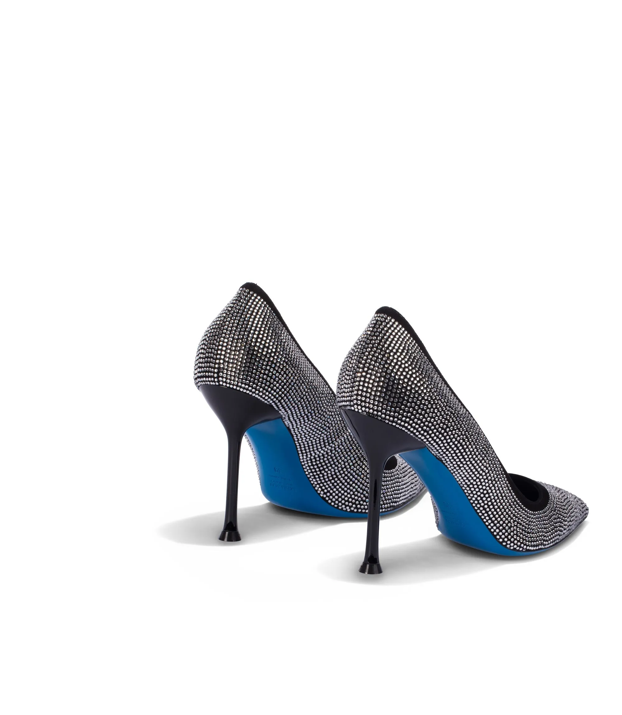 Rhinestoned black suede pumps